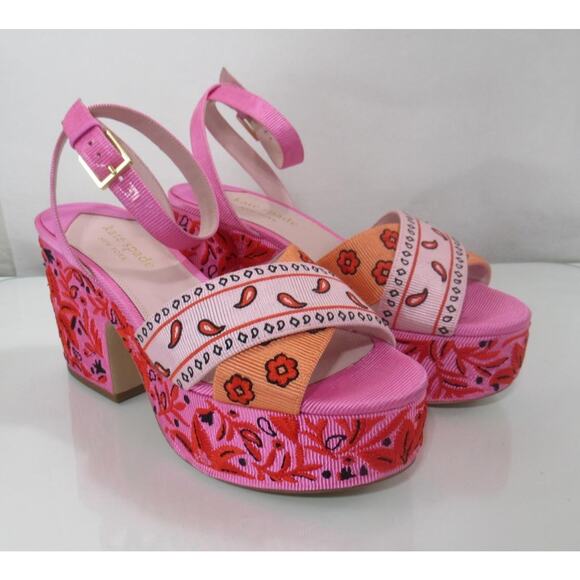 Kate Spade New York Rio Bandana Patchwork Platform Sandals Persimmon Size 9 - Picture 8 of 10